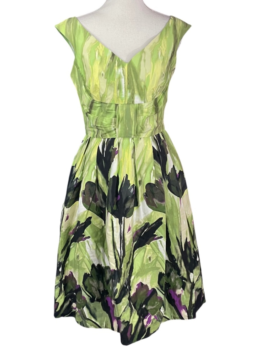 Cotton Blend Floral Midi Dress 6 POCKETS Painted Brushstrokes A-Line V-Neck Mod